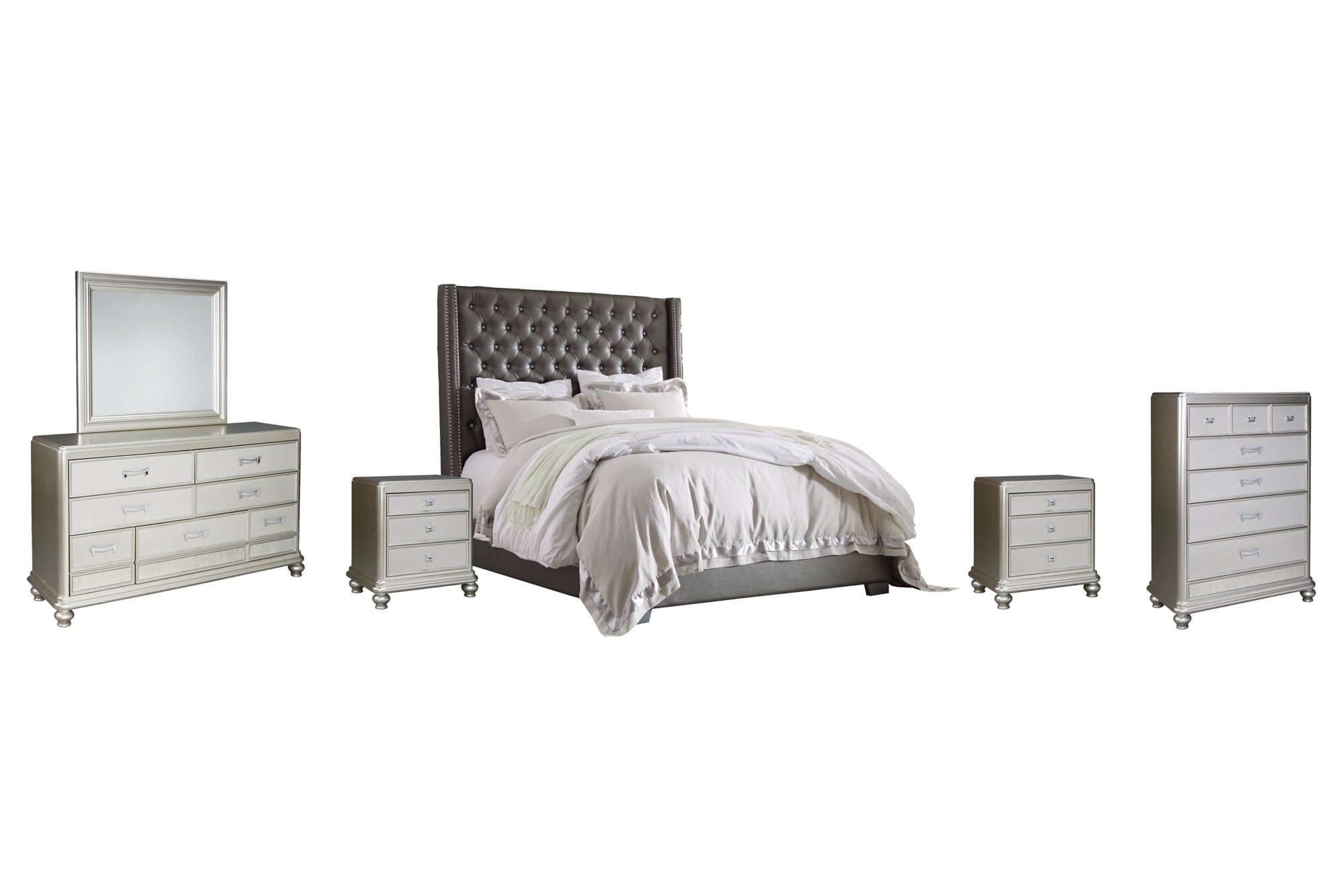 Coralayne King Upholstered Bed with Mirrored Dresser, Chest and 2 Nightstands - PKG007782 - furniture place usa