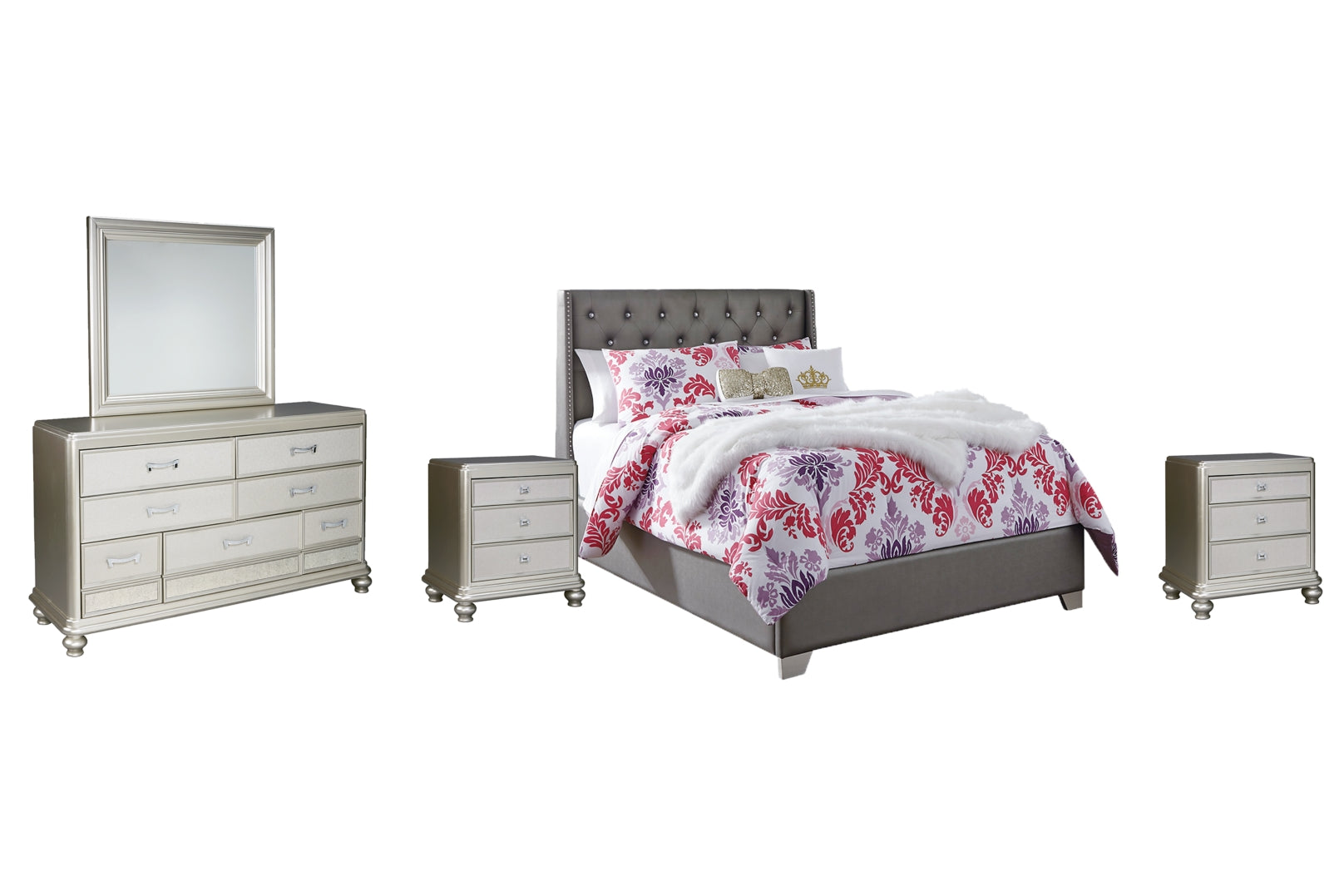 Coralayne Full Upholstered Bed with Mirrored Dresser and 2 Nightstands - PKG007801 - furniture place usa