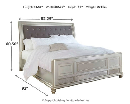 Coralayne King Upholstered Sleigh Bed with Mirrored Dresser and 2 Nightstands - PKG007844 - furniture place usa