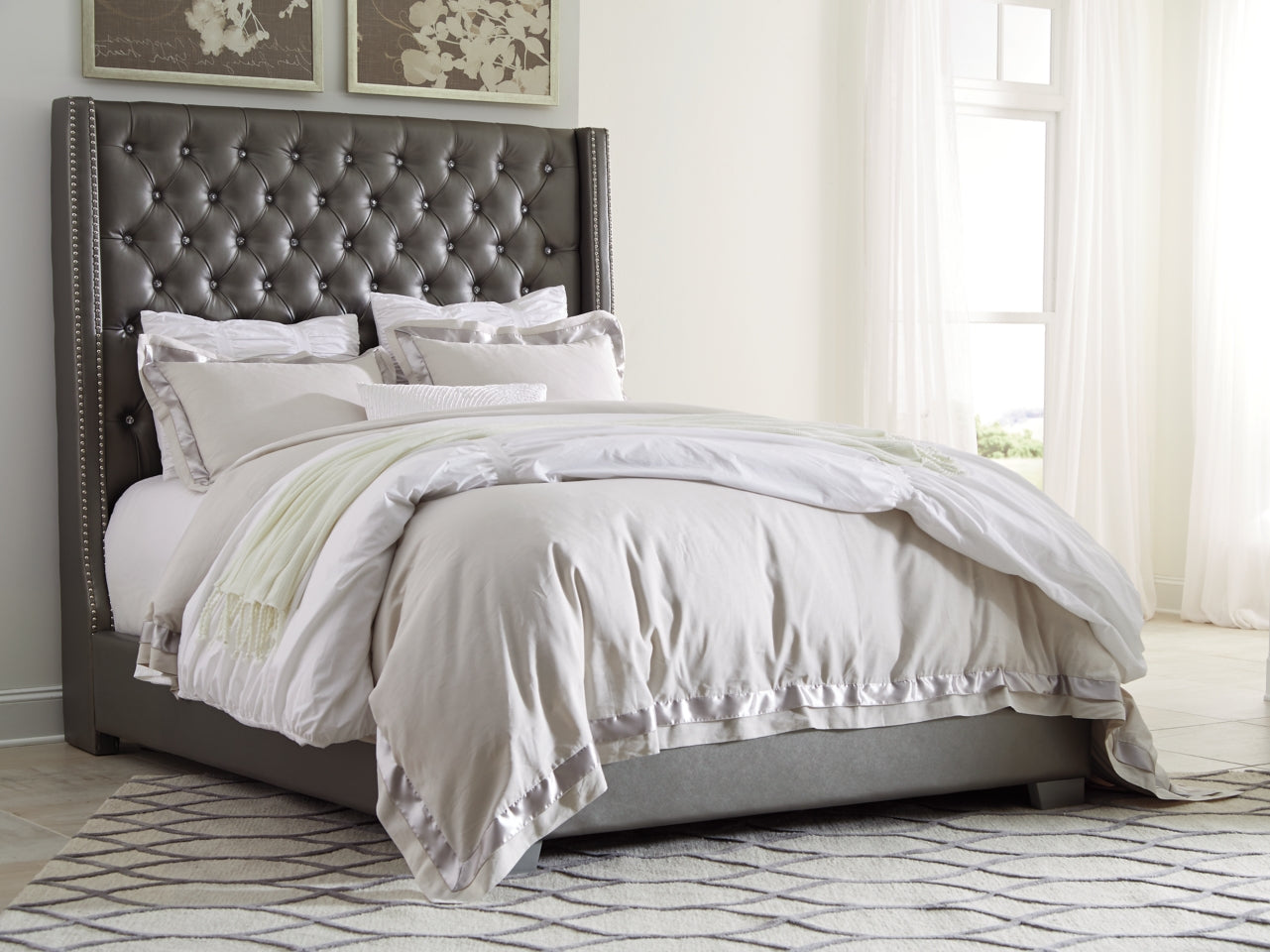 Coralayne King Upholstered Bed with Mirrored Dresser, Chest and Nightstand - PKG007786 - furniture place usa