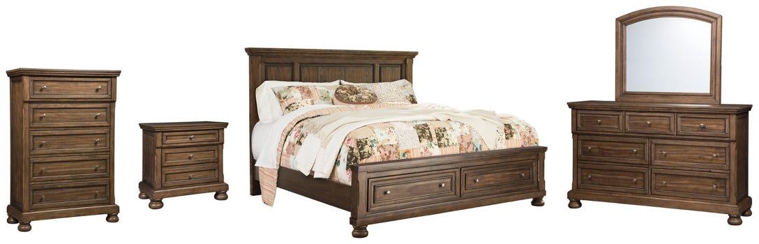Flynnter California King Panel Bed with 2 Storage Drawers with Mirrored Dresser, Chest and Nightstand - furniture place usa