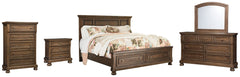 Flynnter California King Panel Bed with 2 Storage Drawers with Mirrored Dresser, Chest and Nightstand - furniture place usa