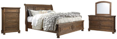 Flynnter Queen Sleigh Bed with 2 Storage Drawers with Mirrored Dresser and Chest - furniture place usa
