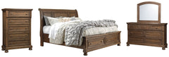 Flynnter Queen Sleigh Bed with 2 Storage Drawers with Mirrored Dresser and Chest - furniture place usa