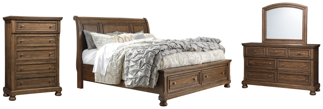 Flynnter Queen Sleigh Bed with 2 Storage Drawers with Mirrored Dresser and Chest - furniture place usa