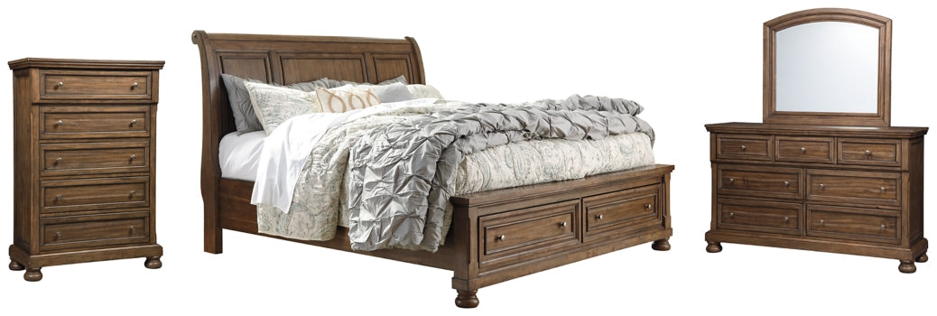 Flynnter Queen Sleigh Bed with 2 Storage Drawers with Mirrored Dresser and Chest - furniture place usa