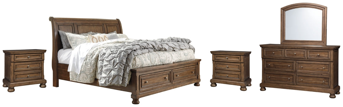 Flynnter Queen Sleigh Bed with 2 Storage Drawers with Mirrored Dresser and 2 Nightstands - furniture place usa