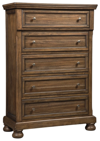 Flynnter California King Panel Bed with 2 Storage Drawers with Mirrored Dresser, Chest and Nightstand - furniture place usa