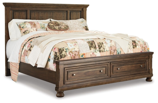 Flynnter California King Panel Bed with 2 Storage Drawers with Mirrored Dresser, Chest and Nightstand - furniture place usa