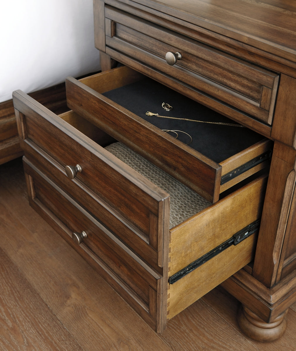 Flynnter California King Panel Bed with 2 Storage Drawers with Mirrored Dresser, Chest and Nightstand - furniture place usa