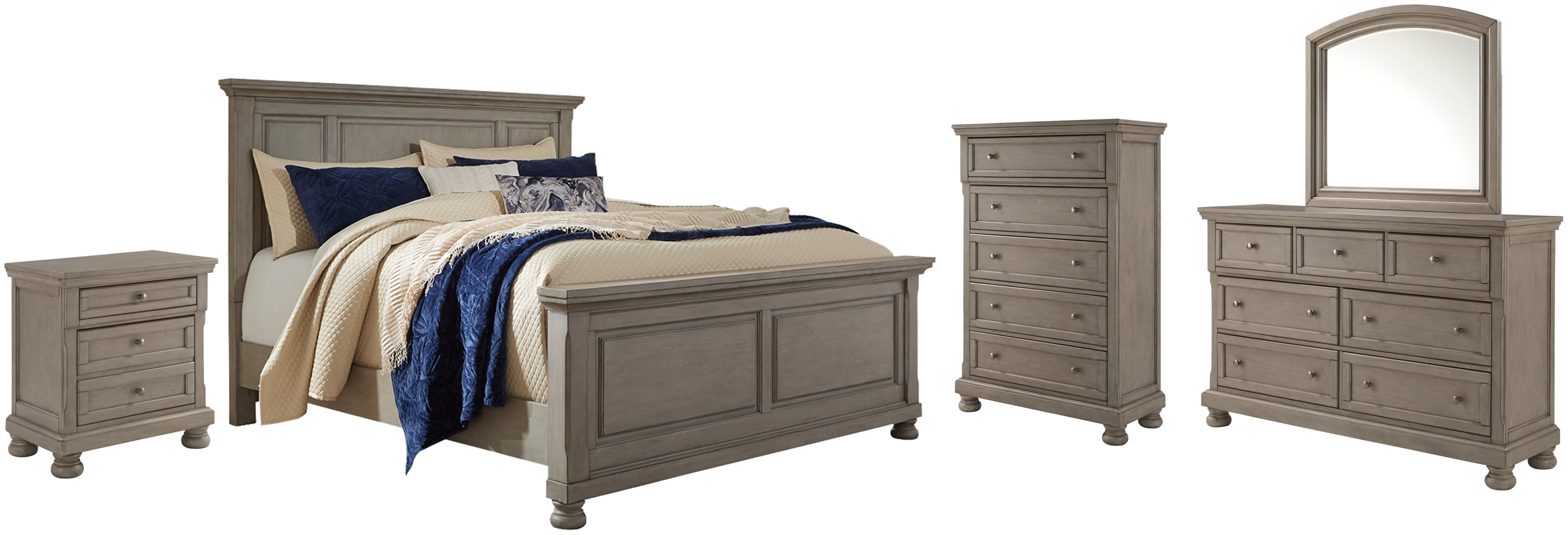 Lettner California King Panel Bed with Mirrored Dresser, Chest and Nightstand - furniture place usa