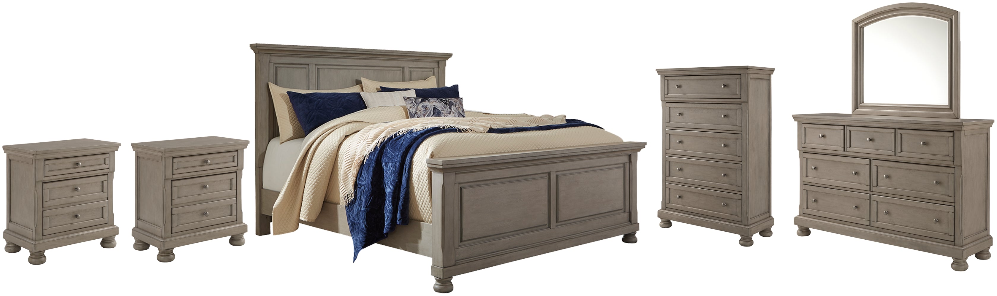 Lettner California King Panel Bed with Mirrored Dresser, Chest and 2 Nightstands - furniture place usa