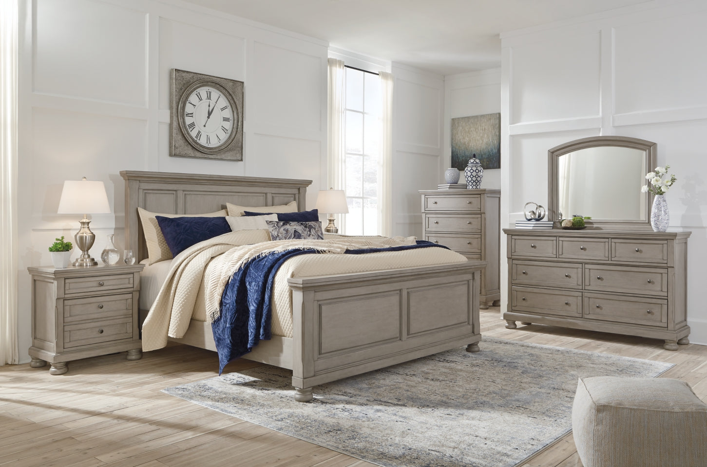 Lettner King Panel Bed with Mirrored Dresser and 2 Nightstands - furniture place usa