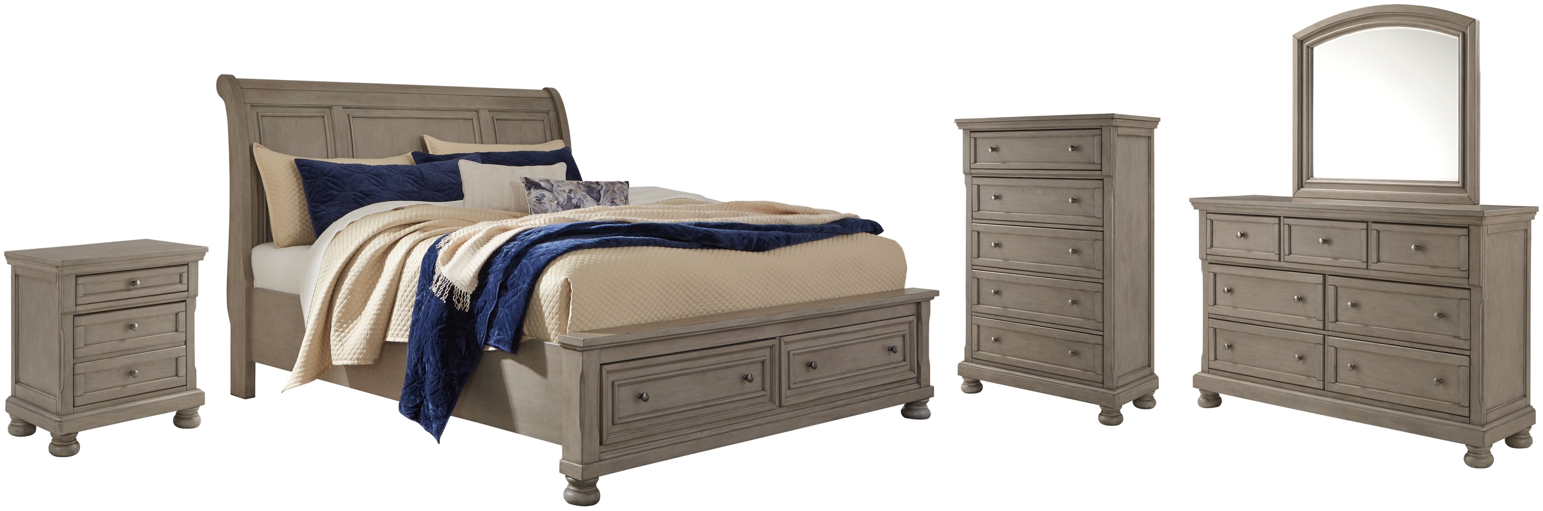 Lettner King Sleigh Bed with 2 Storage Drawers with Mirrored Dresser, Chest and Nightstand - furniture place usa