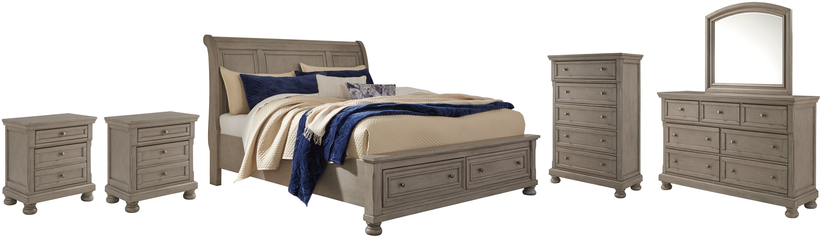 Lettner King Sleigh Bed with 2 Storage Drawers with Mirrored Dresser, Chest and 2 Nightstands - furniture place usa