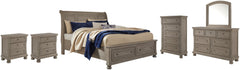 Lettner King Sleigh Bed with 2 Storage Drawers with Mirrored Dresser, Chest and 2 Nightstands - furniture place usa