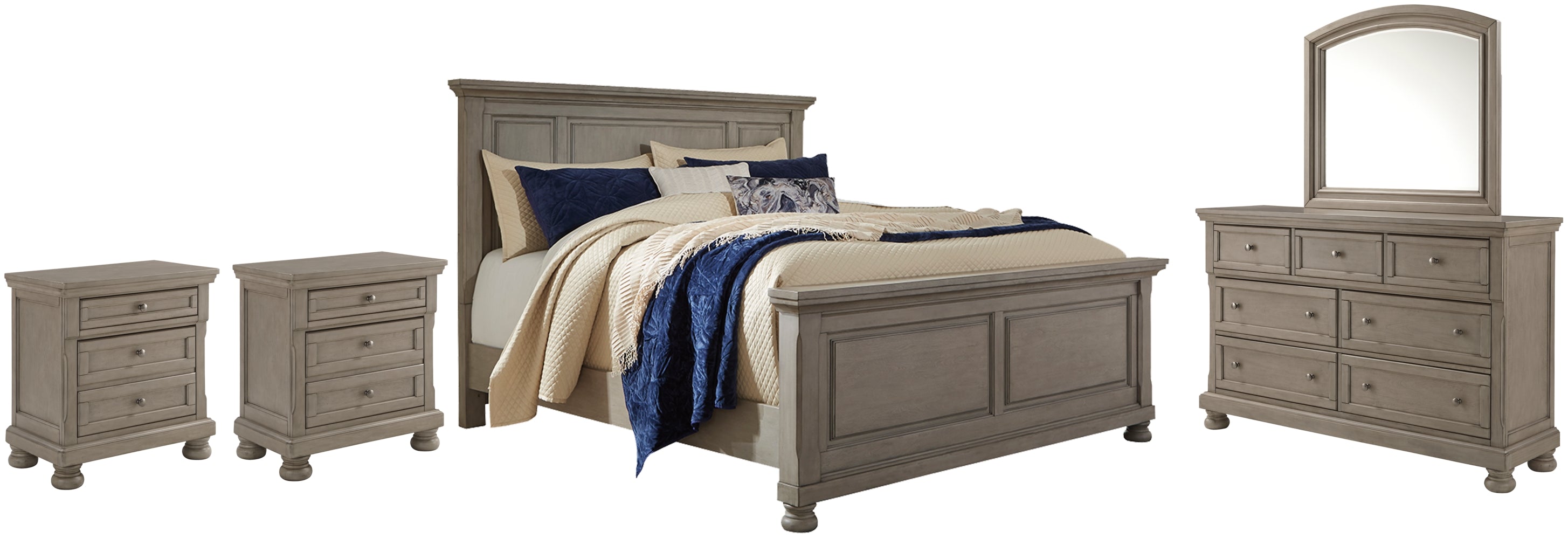 Lettner King Panel Bed with Mirrored Dresser and 2 Nightstands - furniture place usa