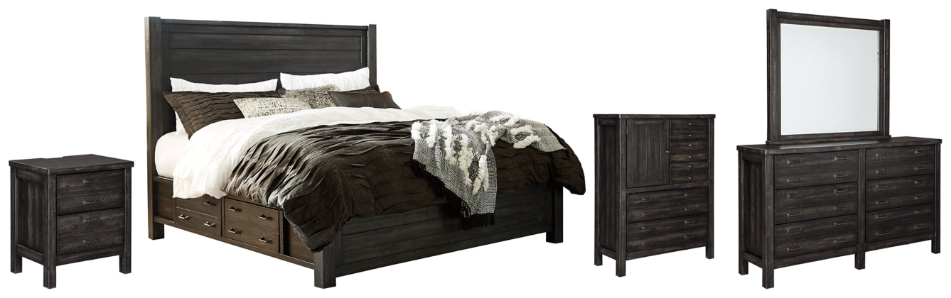 Baylow Queen Panel Bed with 4 Storage Drawers with Mirrored Dresser, Chest and Nightstand - furniture place usa