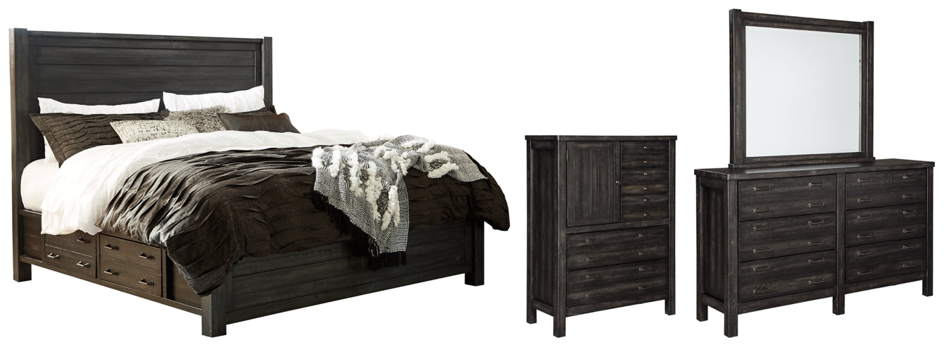 Baylow Queen Panel Bed with 4 Storage Drawers with Mirrored Dresser and Chest - furniture place usa
