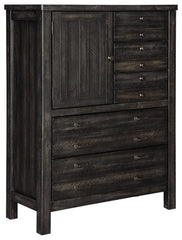Baylow Queen Panel Bed with 4 Storage Drawers with Mirrored Dresser and Chest - furniture place usa