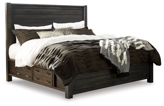 Baylow Queen Panel Bed with 4 Storage Drawers with Mirrored Dresser and Chest - furniture place usa
