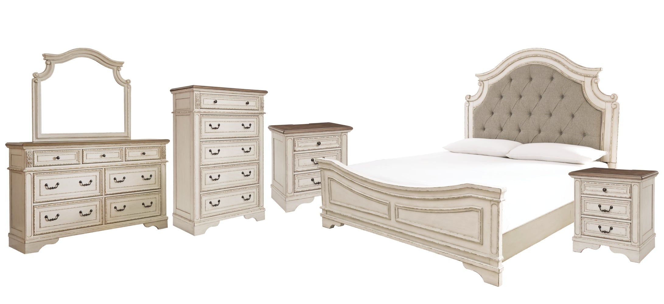 Realyn Queen Upholstered Panel Bed with Mirrored Dresser, Chest and 2 Nightstands - furniture place usa