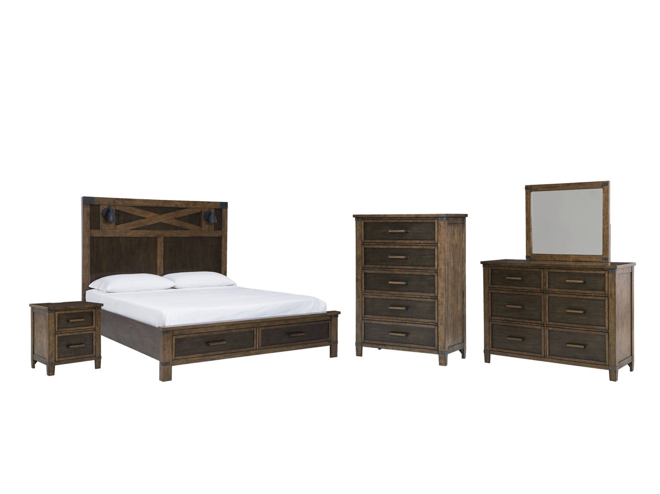 Wyattfield Queen Panel Bed with Storage with Mirrored Dresser, Chest and Nightstand - furniture place usa