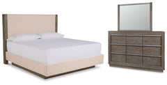 Anibecca Queen Upholstered Panel Bed with Mirrored Dresser - furniture place usa