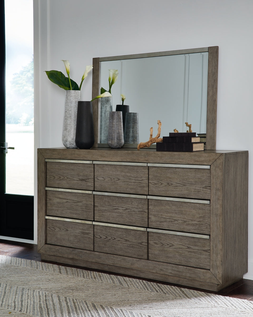 Anibecca Queen Upholstered Panel Bed with Mirrored Dresser - furniture place usa