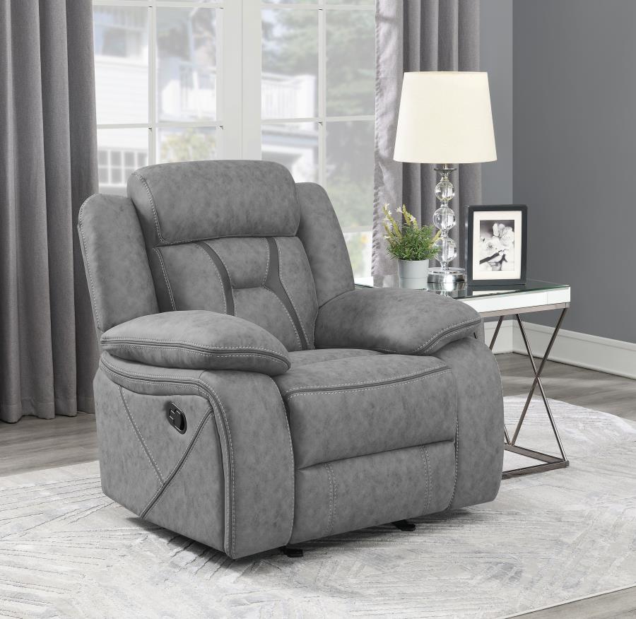 Higgins Grey Glider Recliner - furniture place usa