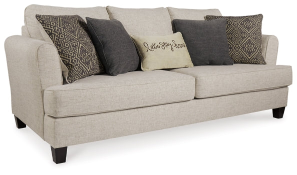 Dolante Queen Upholstered Bed with 12 Inch Memory Foam Queen Mattress, Alcona Sofa, Alcona Loveseat, Bellvern Dining Table and Bellvern Dining Chair - furniture place usa