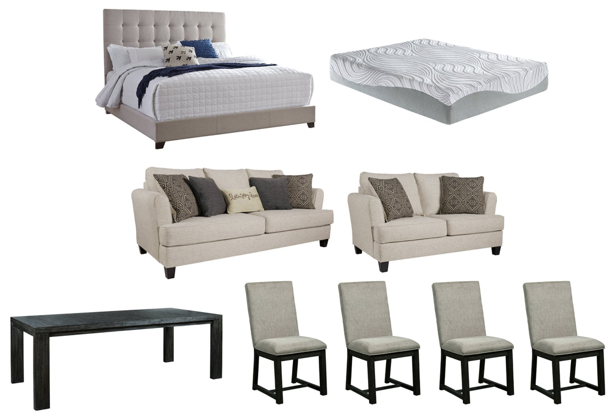 Dolante Queen Upholstered Bed with 12 Inch Memory Foam Queen Mattress, Alcona Sofa, Alcona Loveseat, Bellvern Dining Table and Bellvern Dining Chair - furniture place usa