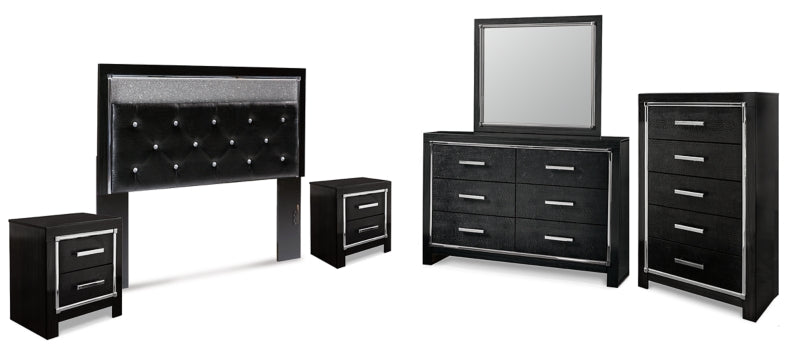 Kaydell Queen Upholstered Panel Headboard with Mirrored Dresser, Chest and 2 Nightstands - furniture place usa