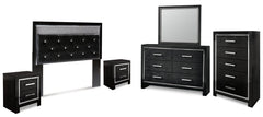 Kaydell Queen Upholstered Panel Headboard with Mirrored Dresser, Chest and 2 Nightstands - furniture place usa