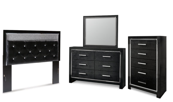 Kaydell Queen Upholstered Panel Headboard with Mirrored Dresser and Chest - furniture place usa