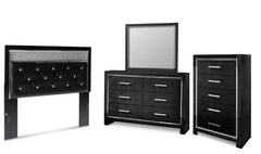 Kaydell Queen Upholstered Panel Headboard with Mirrored Dresser and Chest - furniture place usa