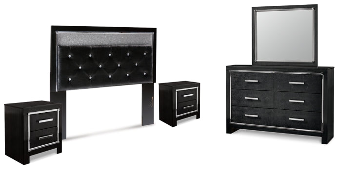 Kaydell Queen Upholstered Panel Headboard with Mirrored Dresser and 2 Nightstands - furniture place usa