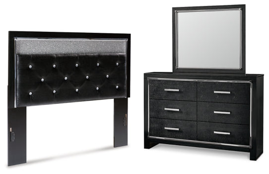 Kaydell Queen Upholstered Panel Headboard with Mirrored Dresser - furniture place usa