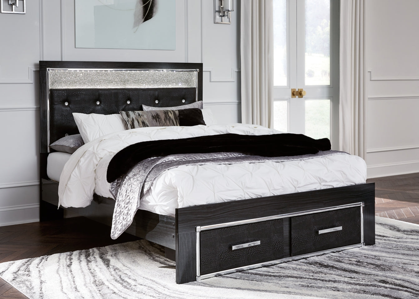 Kaydell Queen Upholstered Panel Storage Bed with Mirrored Dresser and Chest - furniture place usa