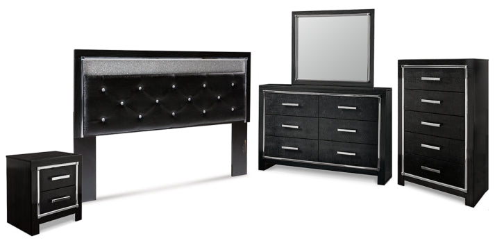 Kaydell King Upholstered Panel Headboard with Mirrored Dresser, Chest and Nightstand - furniture place usa