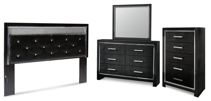 Kaydell King Upholstered Panel Headboard with Mirrored Dresser and Chest - furniture place usa