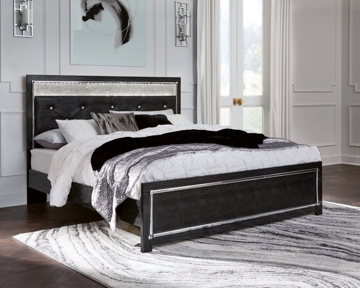 Kaydell King Upholstered Panel Platform Bed with Mirrored Dresser and 2 Nightstands - furniture place usa