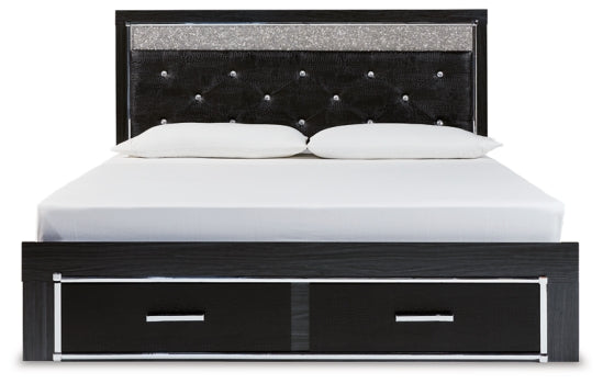 Kaydell King Upholstered Panel Storage Platform Bed with Mirrored Dresser and 2 Nightstands - furniture place usa