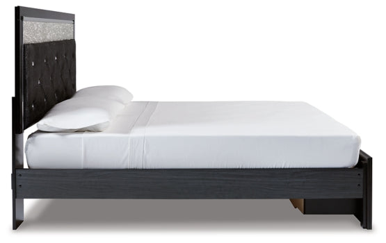 Kaydell King Upholstered Panel Storage Platform Bed with Mirrored Dresser - furniture place usa