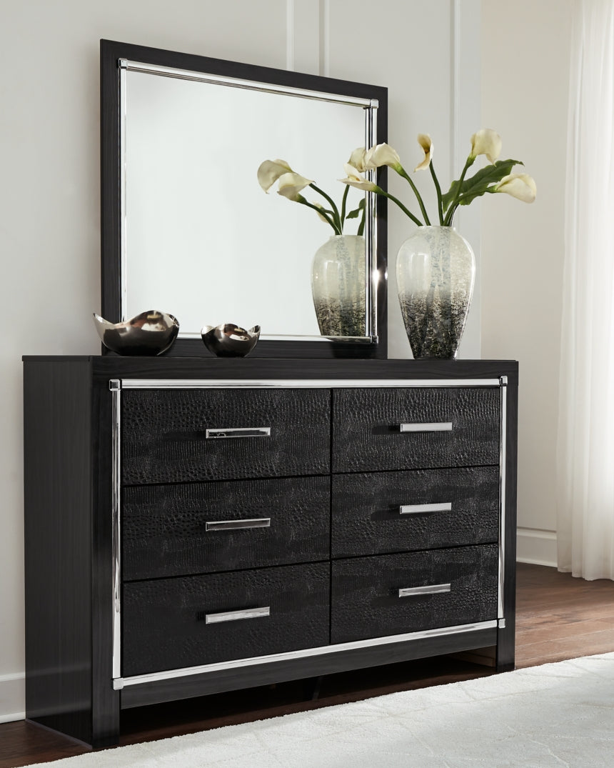 Kaydell King Upholstered Panel Platform Bed with Mirrored Dresser and 2 Nightstands - furniture place usa