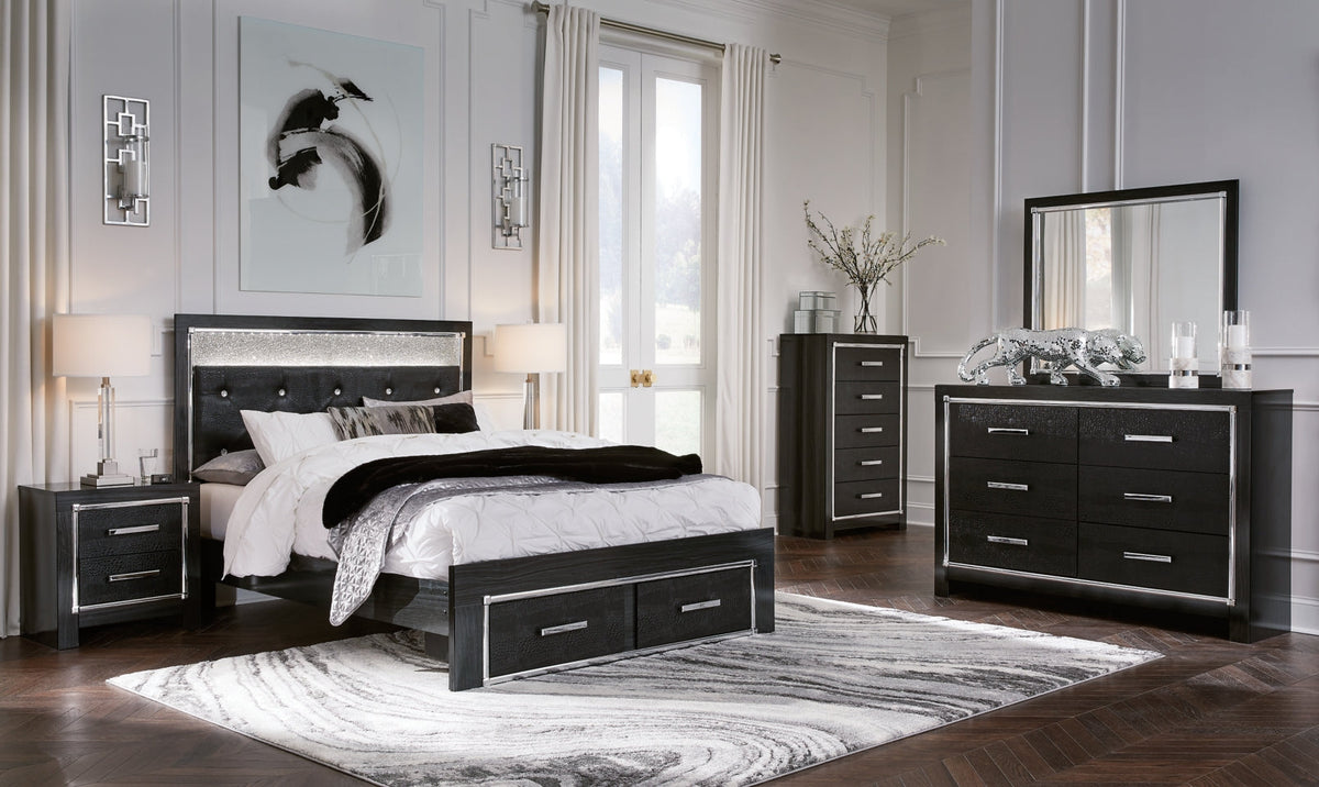 Kaydell Queen Upholstered Panel Storage Bed with Mirrored Dresser, Chest and 2 Nightstands - furniture place usa