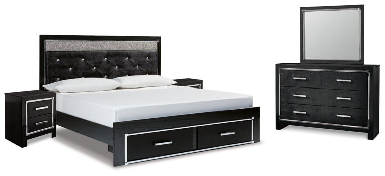 Kaydell King Upholstered Panel Storage Platform Bed with Mirrored Dresser and 2 Nightstands - furniture place usa