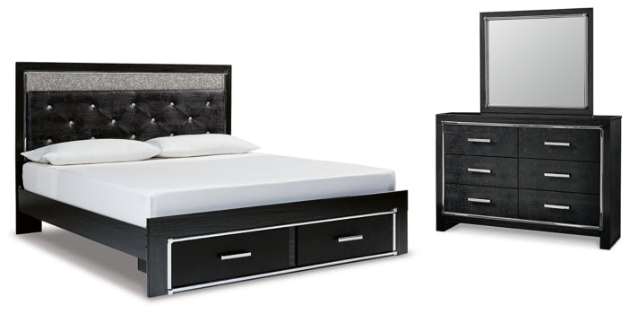 Kaydell King Upholstered Panel Storage Platform Bed with Mirrored Dresser - furniture place usa
