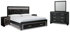 Kaydell King Upholstered Panel Storage Bed with Mirrored Dresser and 2 Nightstands - furniture place usa