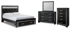 Kaydell Queen Upholstered Panel Storage Platform Bed with Mirrored Dresser and Chest - furniture place usa